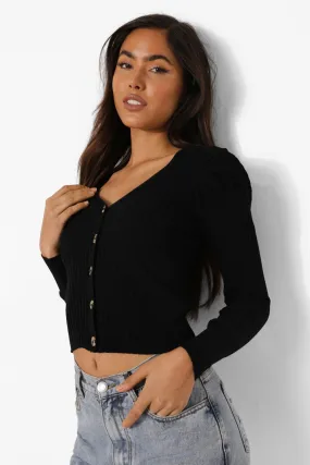 Puff Sleeve Rib Knit Cropped Cardigan