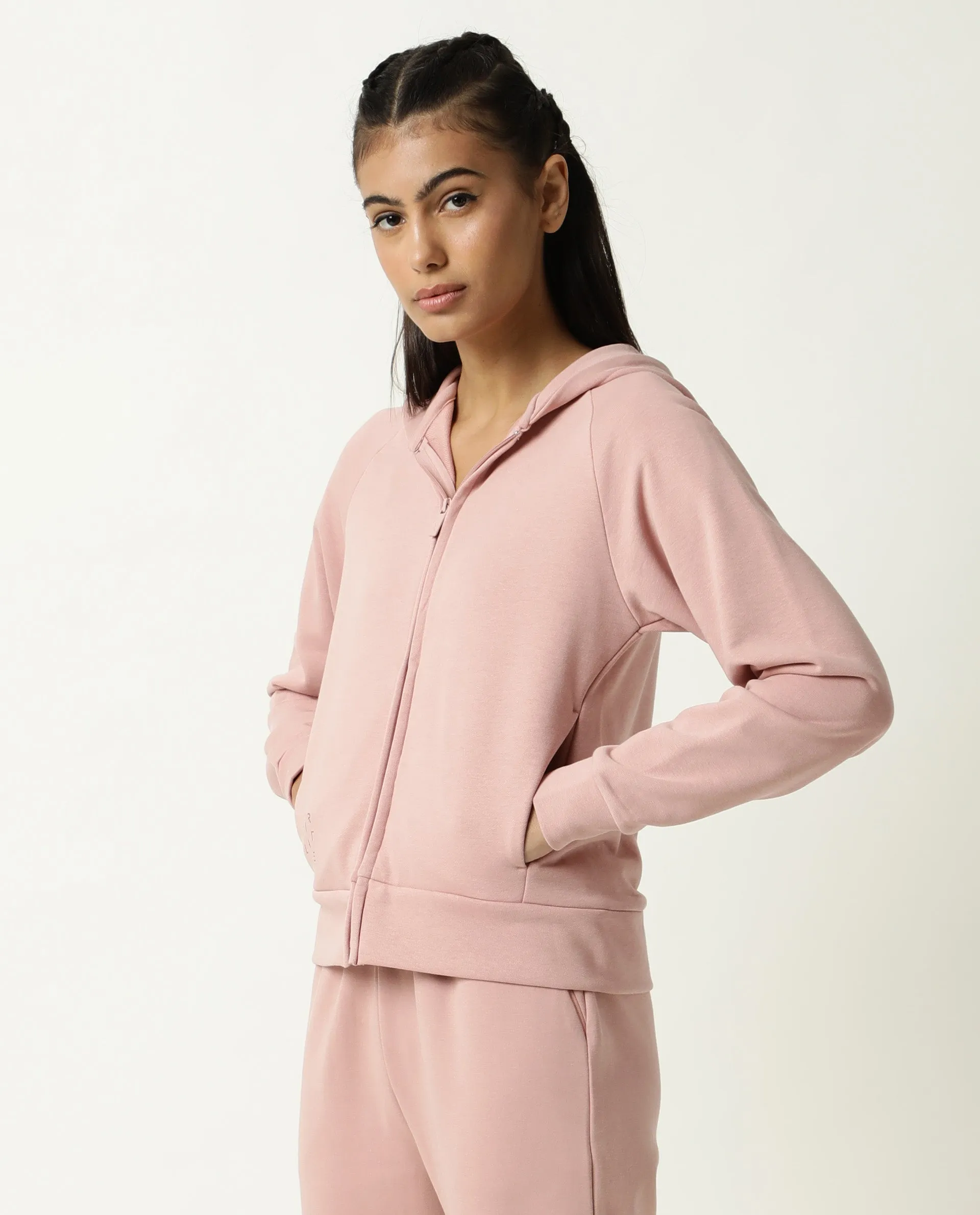 Rareism Women Capper Dusky Pink Cotton Blend Fabric Full Sleeves Solid Hooded Jacket