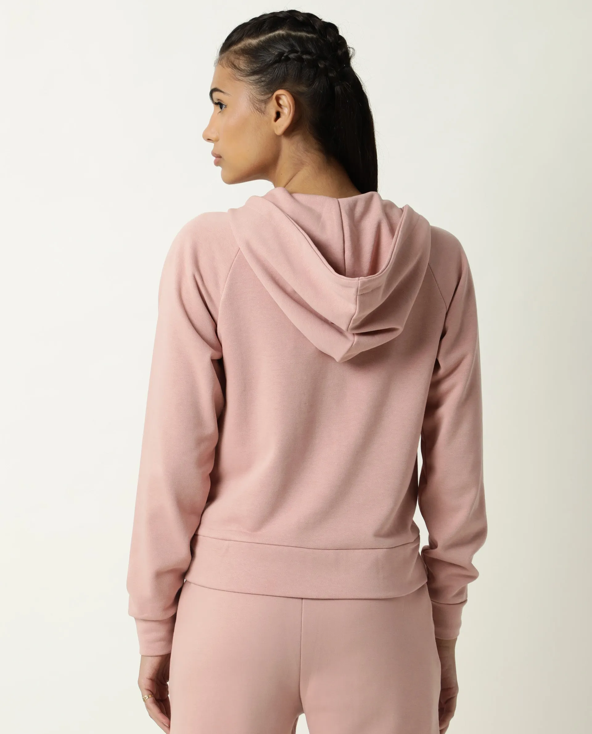 Rareism Women Capper Dusky Pink Cotton Blend Fabric Full Sleeves Solid Hooded Jacket