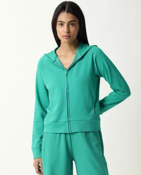 Rareism Women Capper Green Cotton Blend Fabric Full Sleeves Solid Hooded Jacket