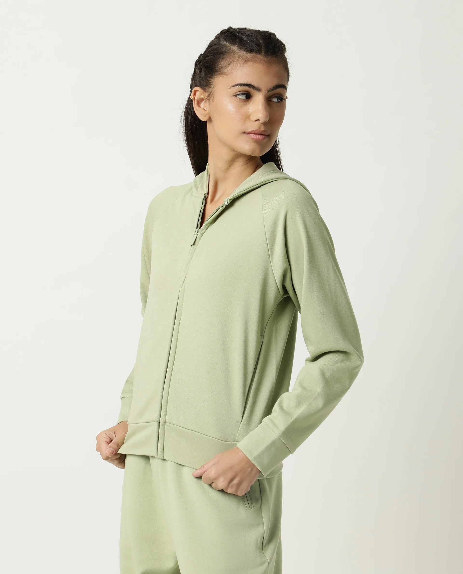 Rareism Women Capper Light Green Cotton Blend Fabric Full Sleeves Solid Hooded Jacket