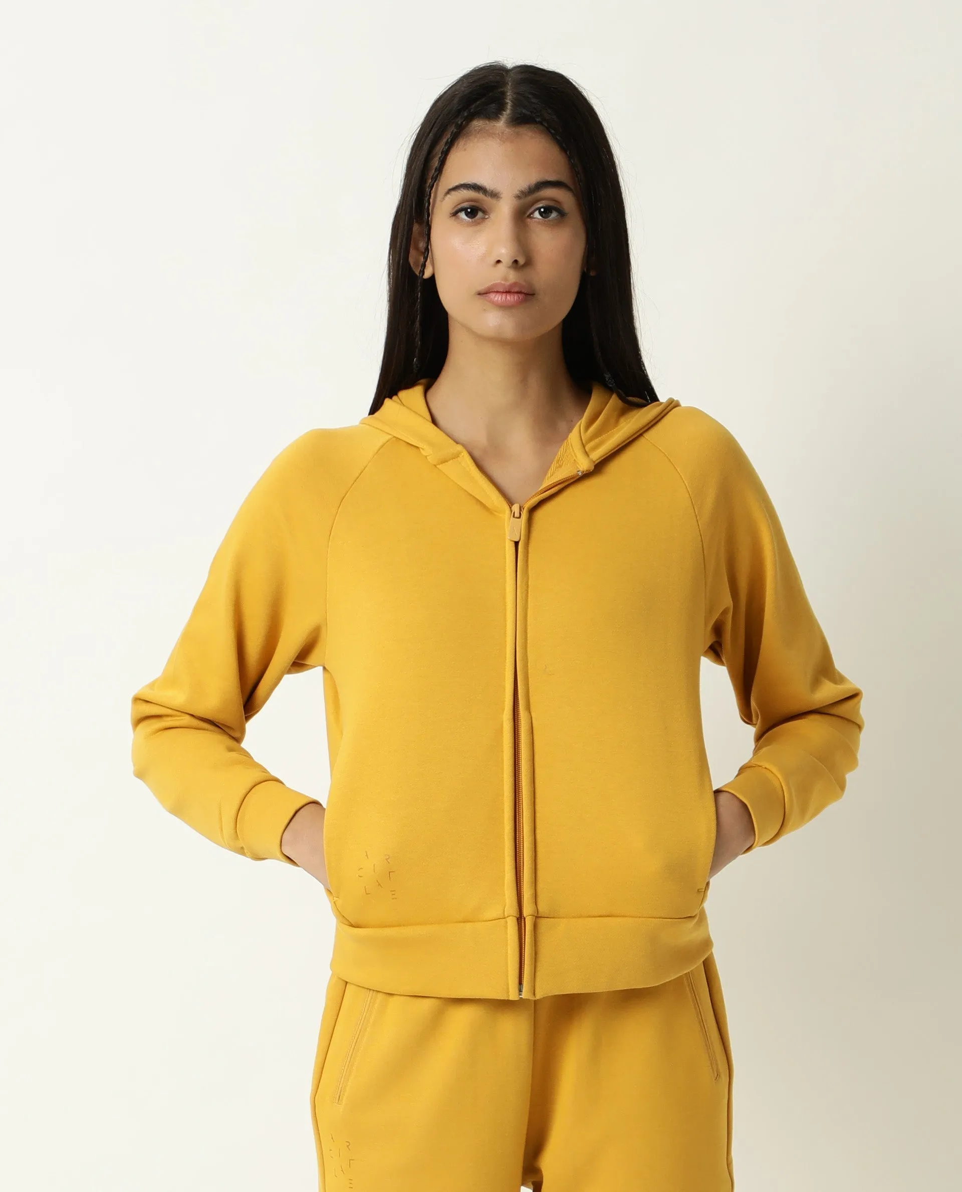 Rareism Women Capper Mustard Cotton Blend Fabric Full Sleeves Solid Hooded Jacket