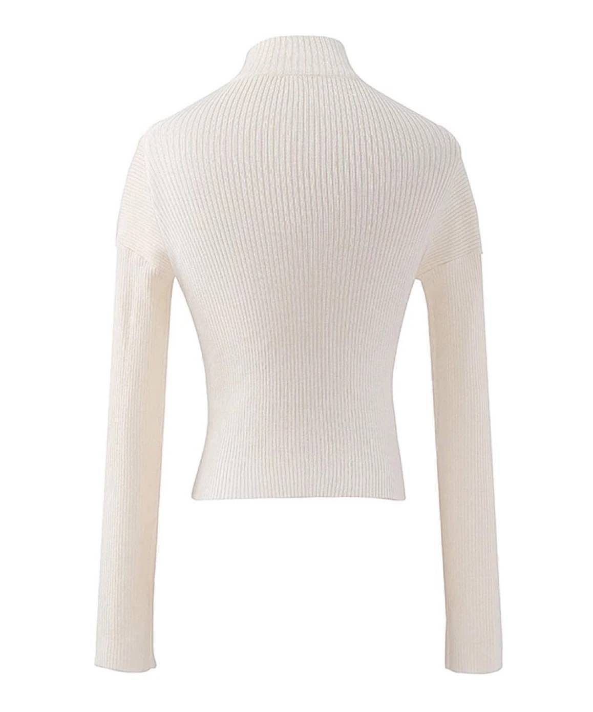 Ribbed Knit Wrap Zipped Sweater In White