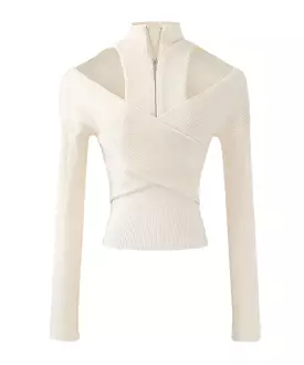 Ribbed Knit Wrap Zipped Sweater In White