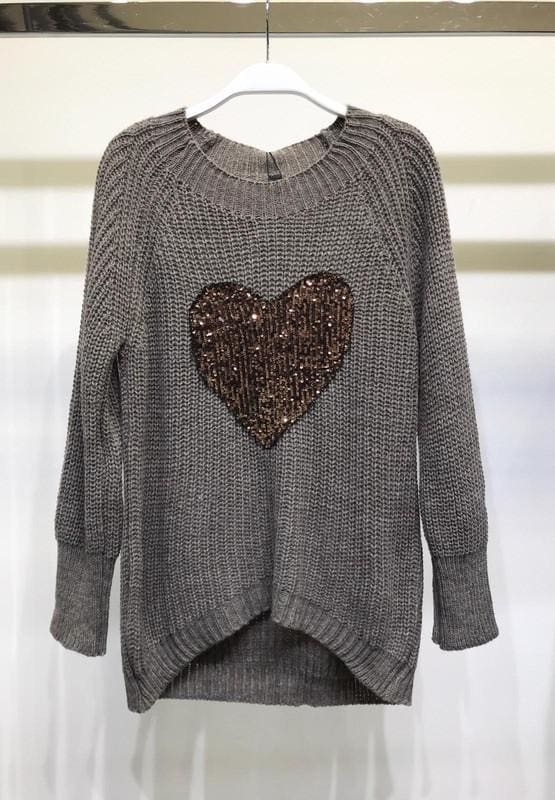 Sequin heart crochet long sleeve sweater