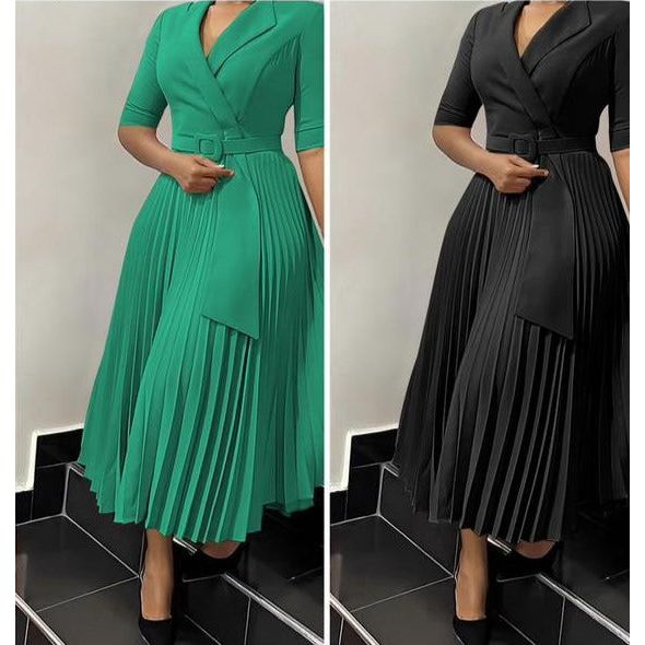 Short Sleeve Pleated V-Neck Dress