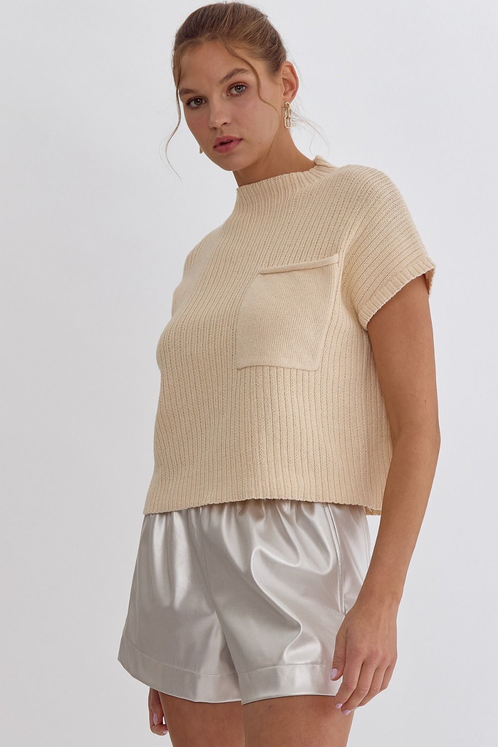 Solid Knitted Cropped Mock Neck Sweater