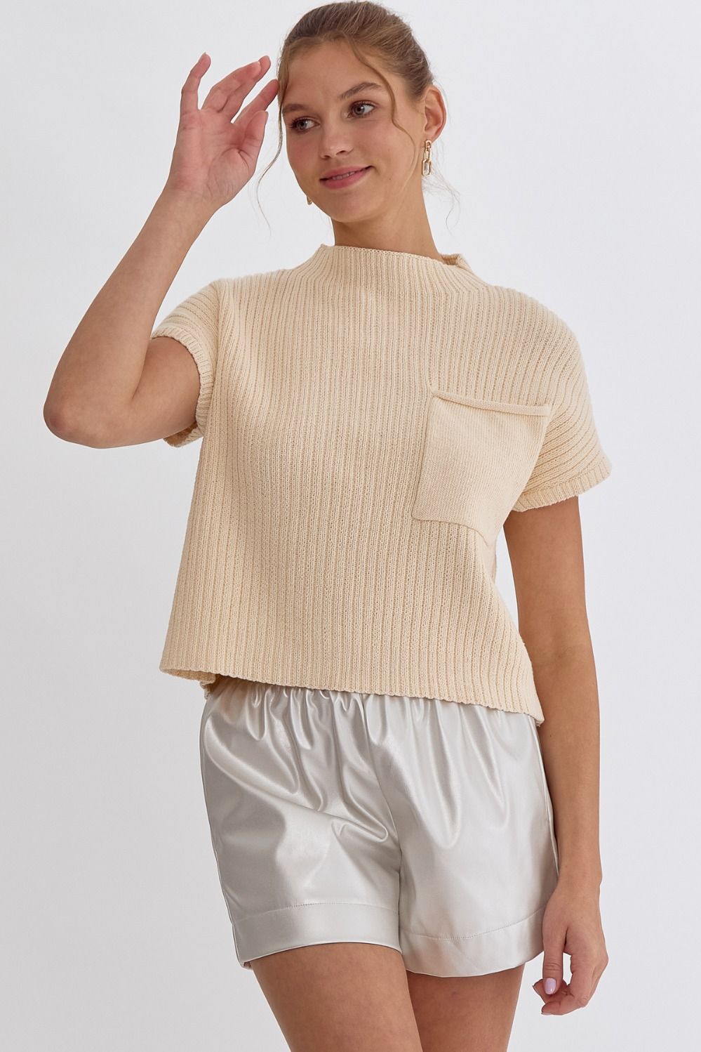 Solid Knitted Cropped Mock Neck Sweater