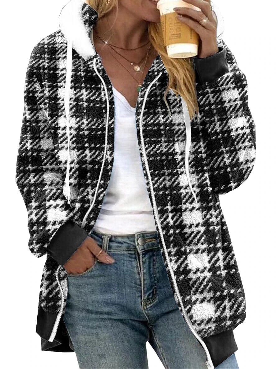 Stay Stylish and Warm Fleece Sherpa Hooded Winter Coat with Plaid Print