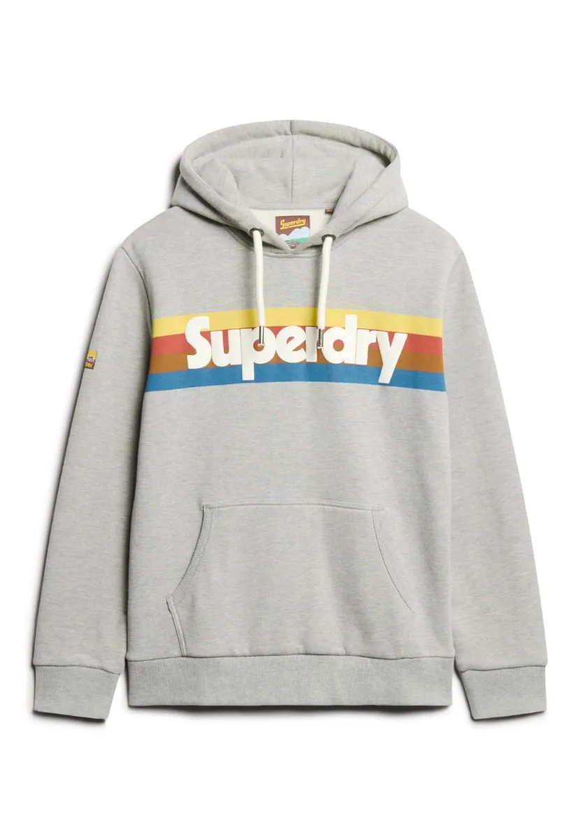 Superdry Retro Stripe Logo Overhead Hooded Sweatshirts Grey Marl