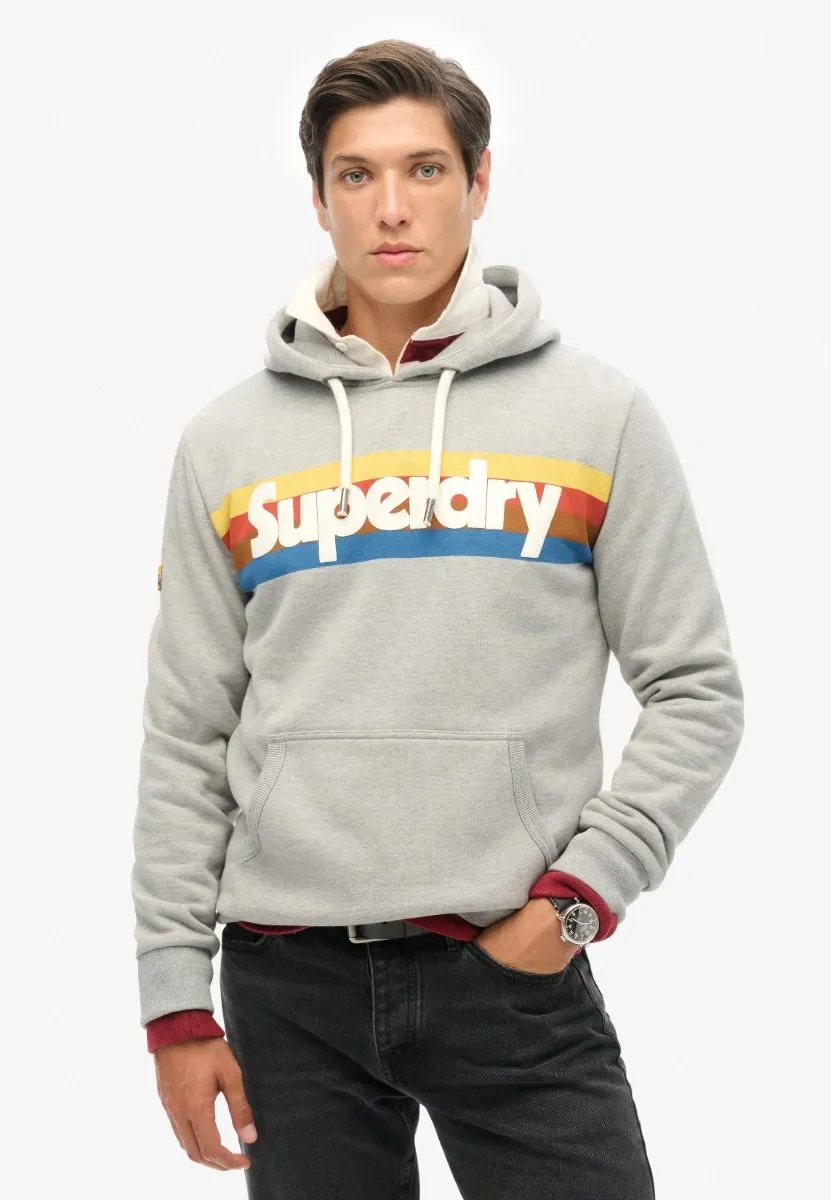 Superdry Retro Stripe Logo Overhead Hooded Sweatshirts Grey Marl