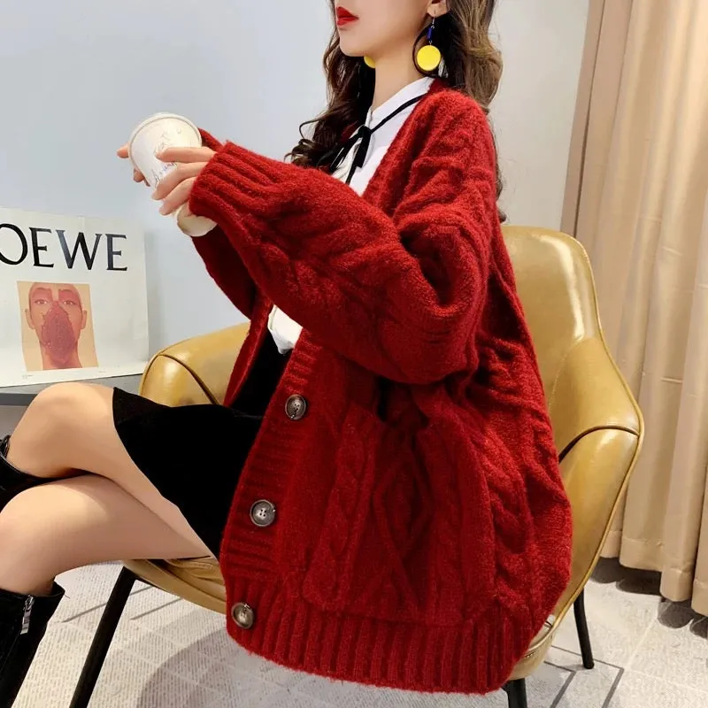 Sweater cardigan coat for women autumn and winter 2023 new loose thickened lazy style mid-length red knitted top