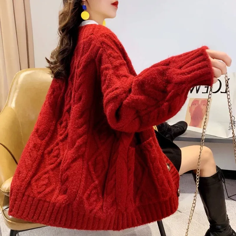 Sweater cardigan coat for women autumn and winter 2023 new loose thickened lazy style mid-length red knitted top