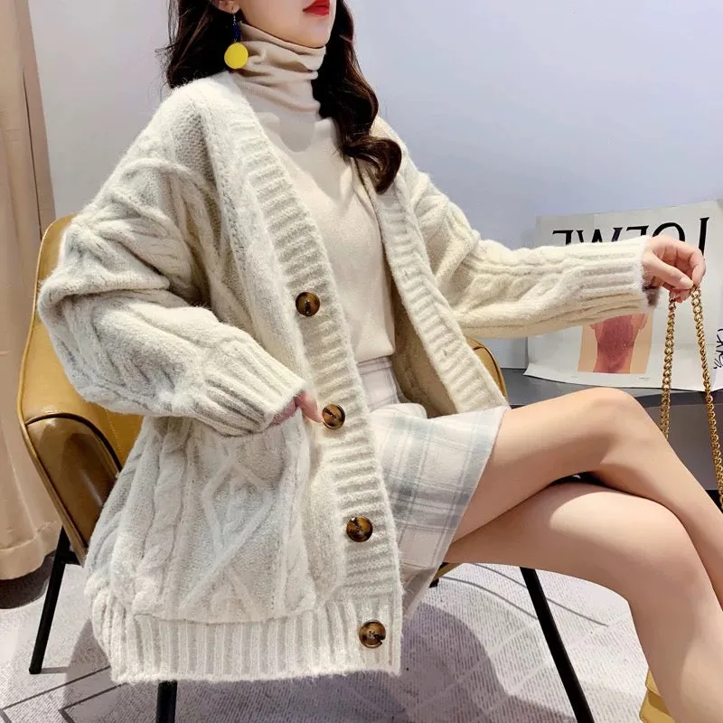 Sweater cardigan coat for women autumn and winter 2023 new loose thickened lazy style mid-length red knitted top