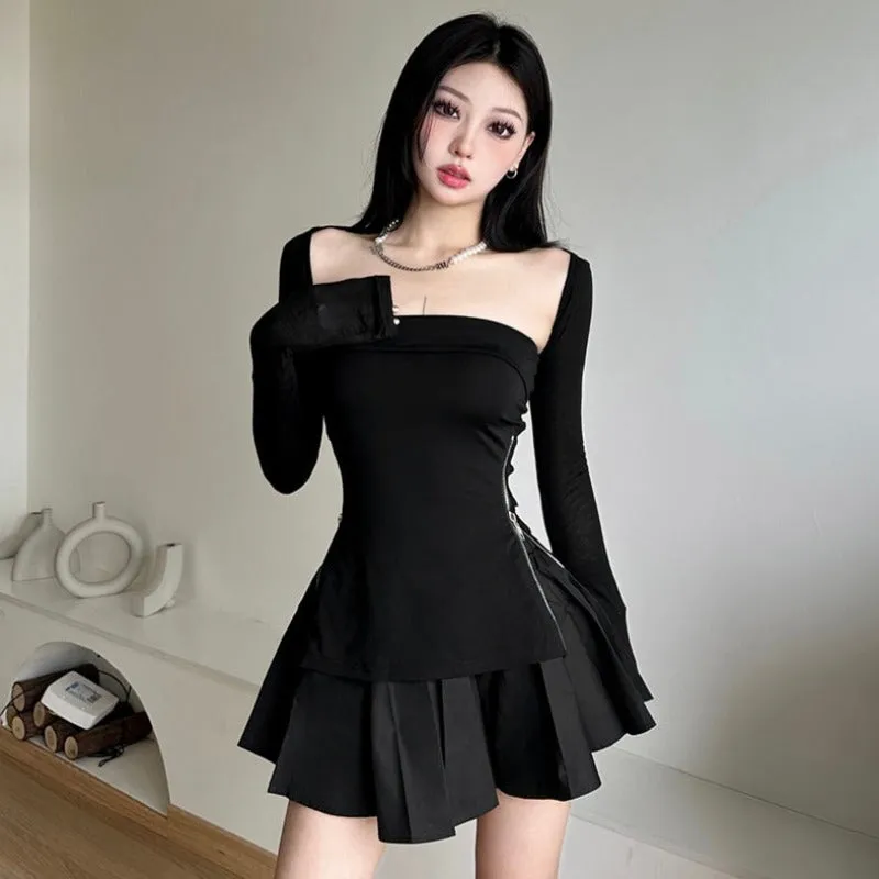 [TOP 1]New Arrivals All black three piece set Zipper Top + skirt + cardigan LL-479