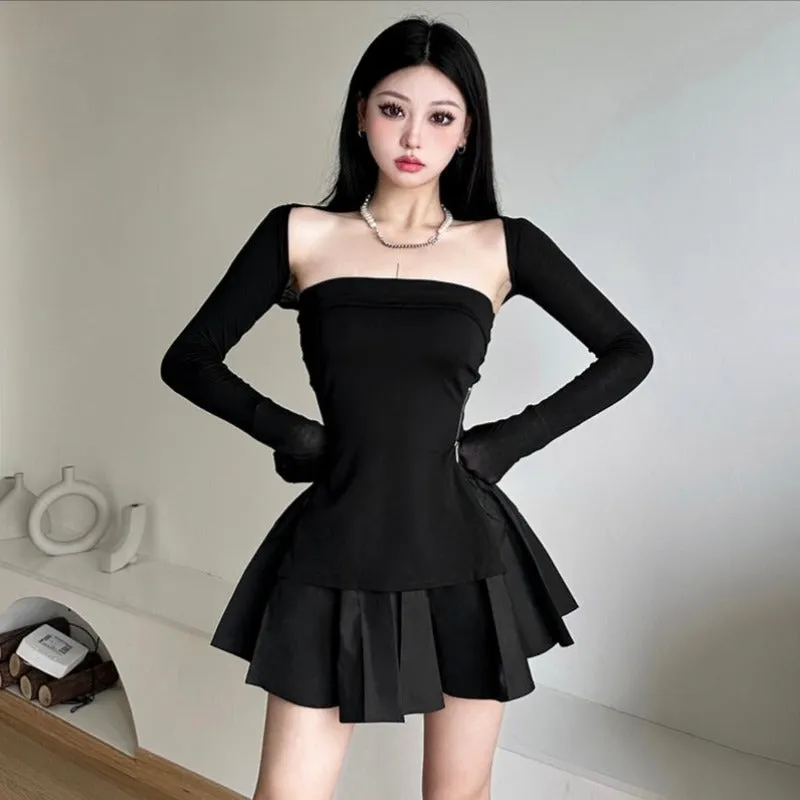 [TOP 1]New Arrivals All black three piece set Zipper Top + skirt + cardigan LL-479