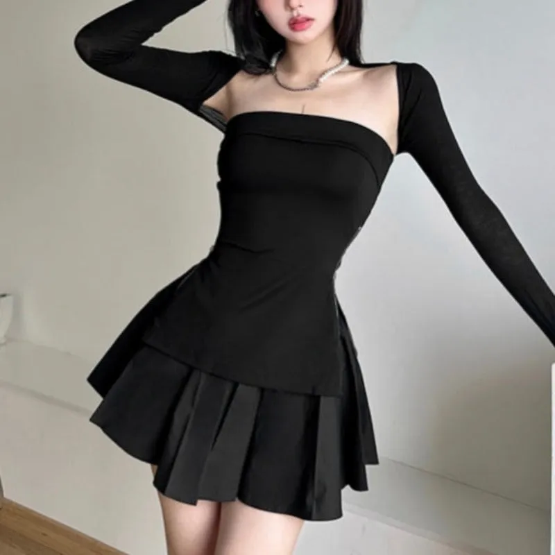 [TOP 1]New Arrivals All black three piece set Zipper Top + skirt + cardigan LL-479