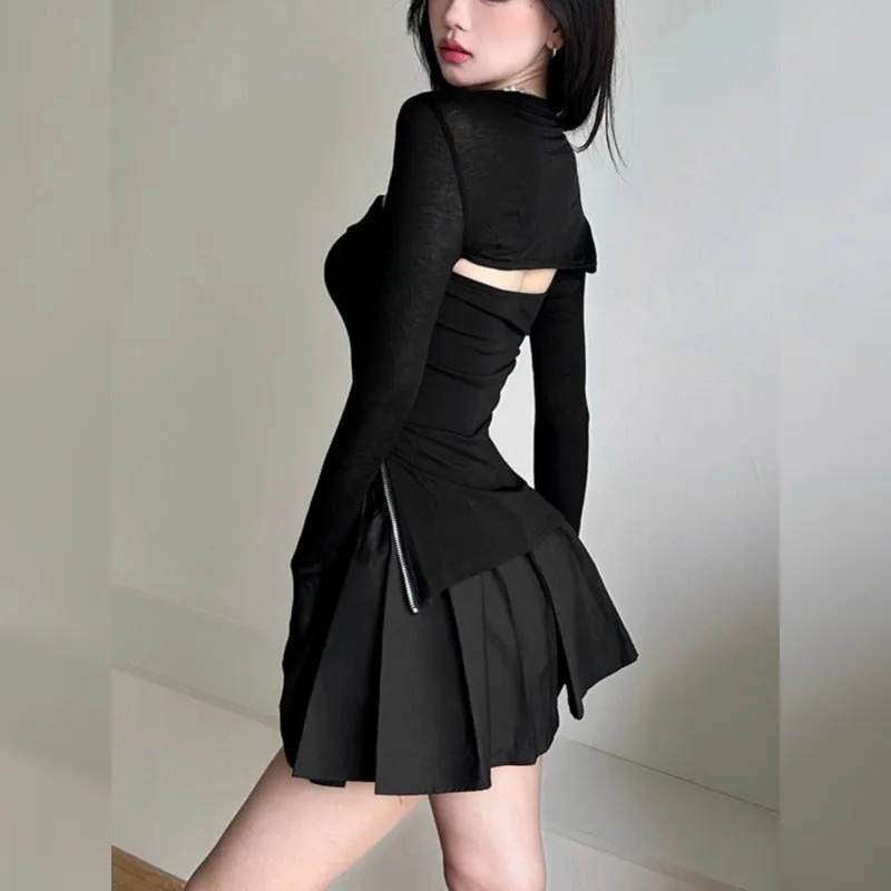 [TOP 1]New Arrivals All black three piece set Zipper Top + skirt + cardigan LL-479