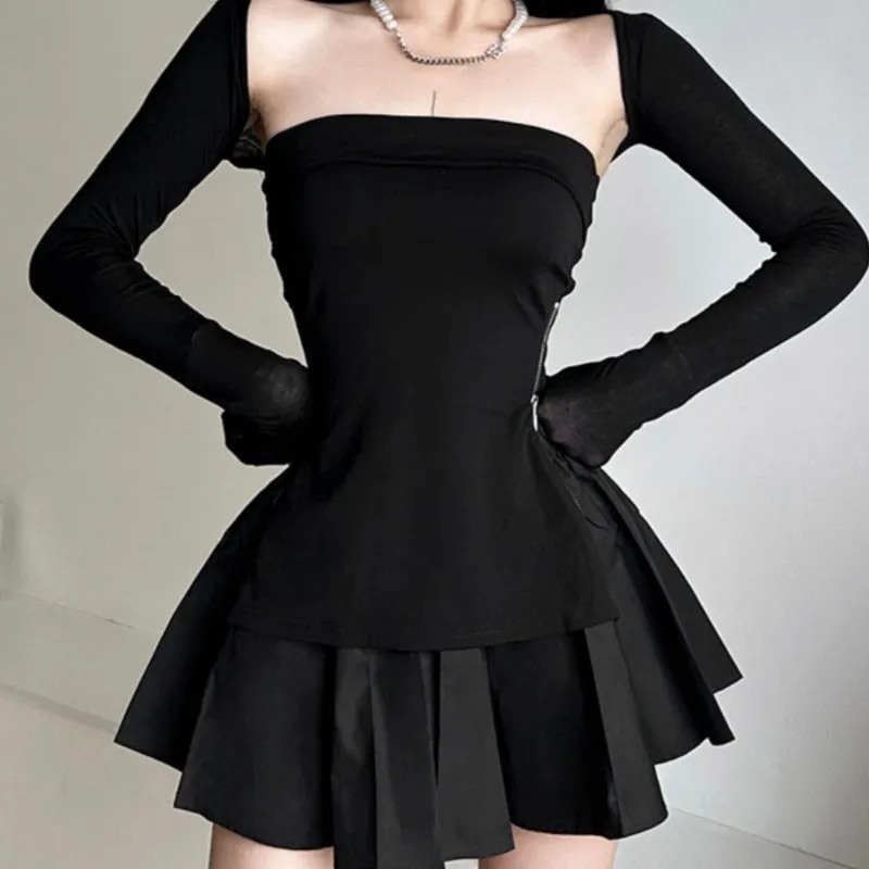 [TOP 1]New Arrivals All black three piece set Zipper Top + skirt + cardigan LL-479