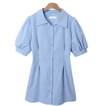 Trendywhere Puff Sleeve Button Front Collar Shirt Dress