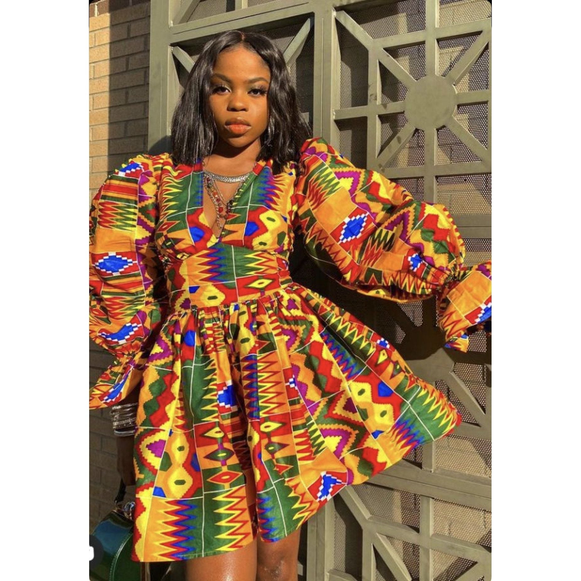 V-Neck Mini Ankara Dress