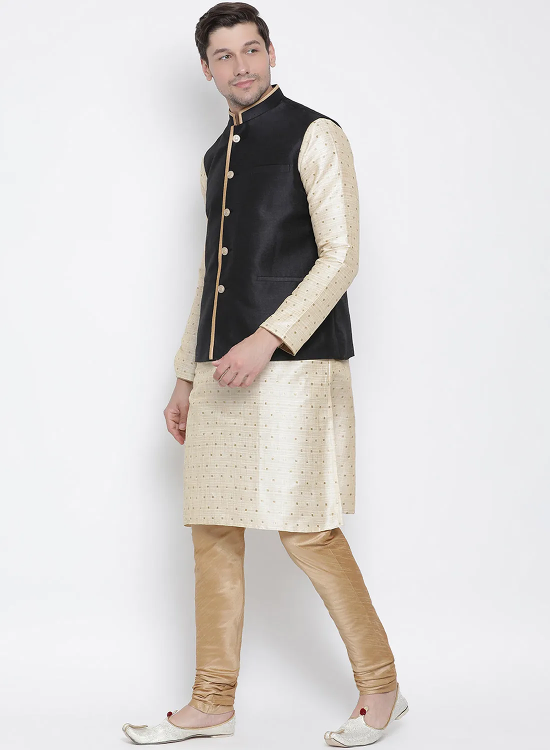 VASTRAMAY Men's Gold Cotton Silk Blend Kurta, Ethnic Jacket and Pyjama Set