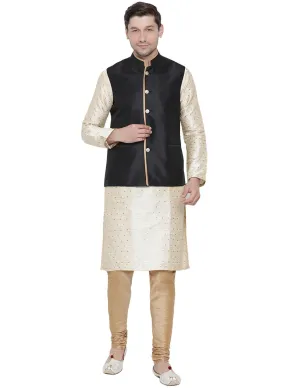 VASTRAMAY Men's Gold Cotton Silk Blend Kurta, Ethnic Jacket and Pyjama Set