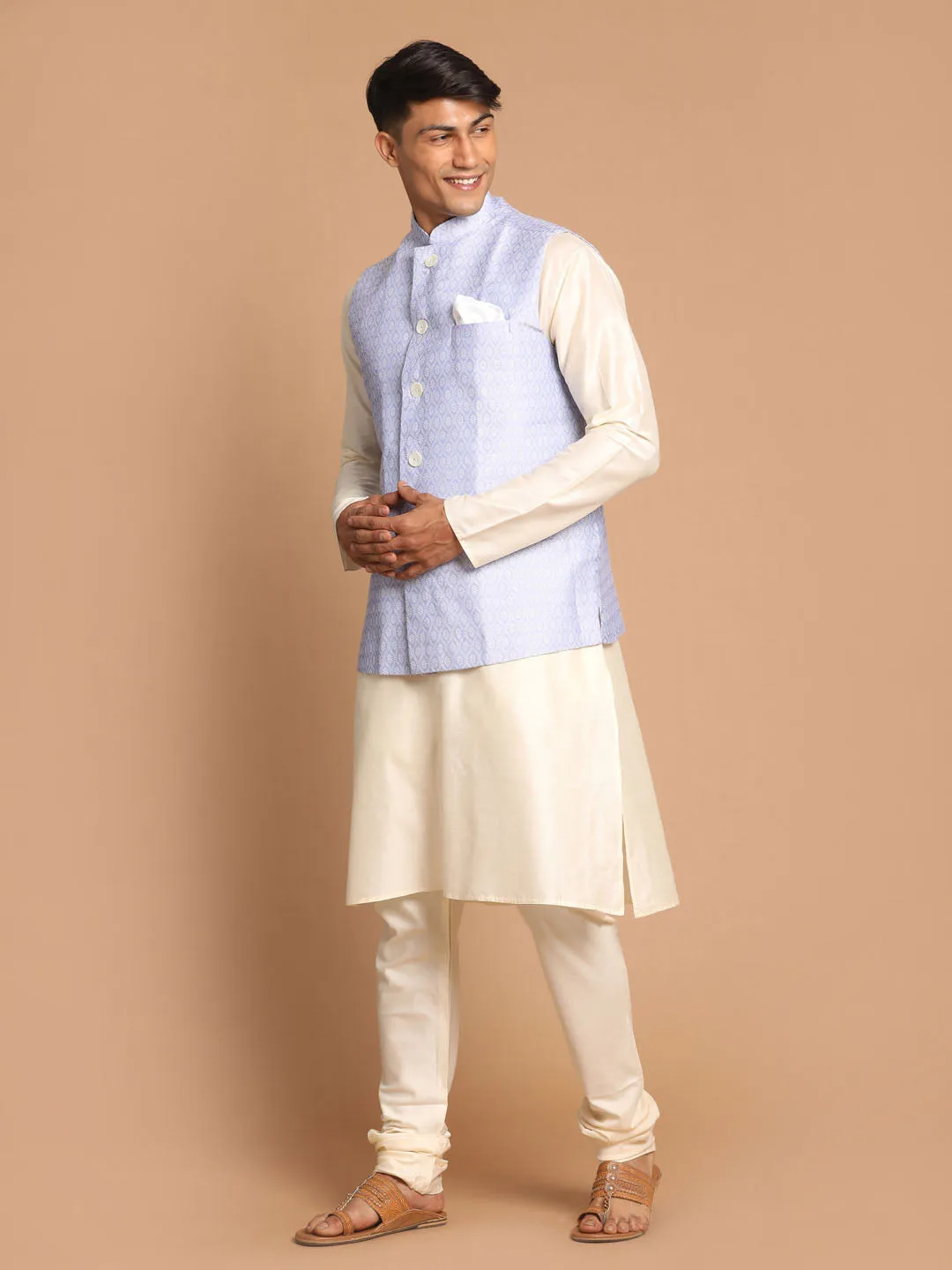 VASTRAMAY Men's Lavender Jacquard Nehru Jacket with Kurta Pyjama Set