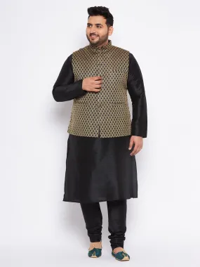 VASTRAMAY Men's Plus Size  Black Ethnic Jacket With black Silk Blend Kurta and Pyjama Set