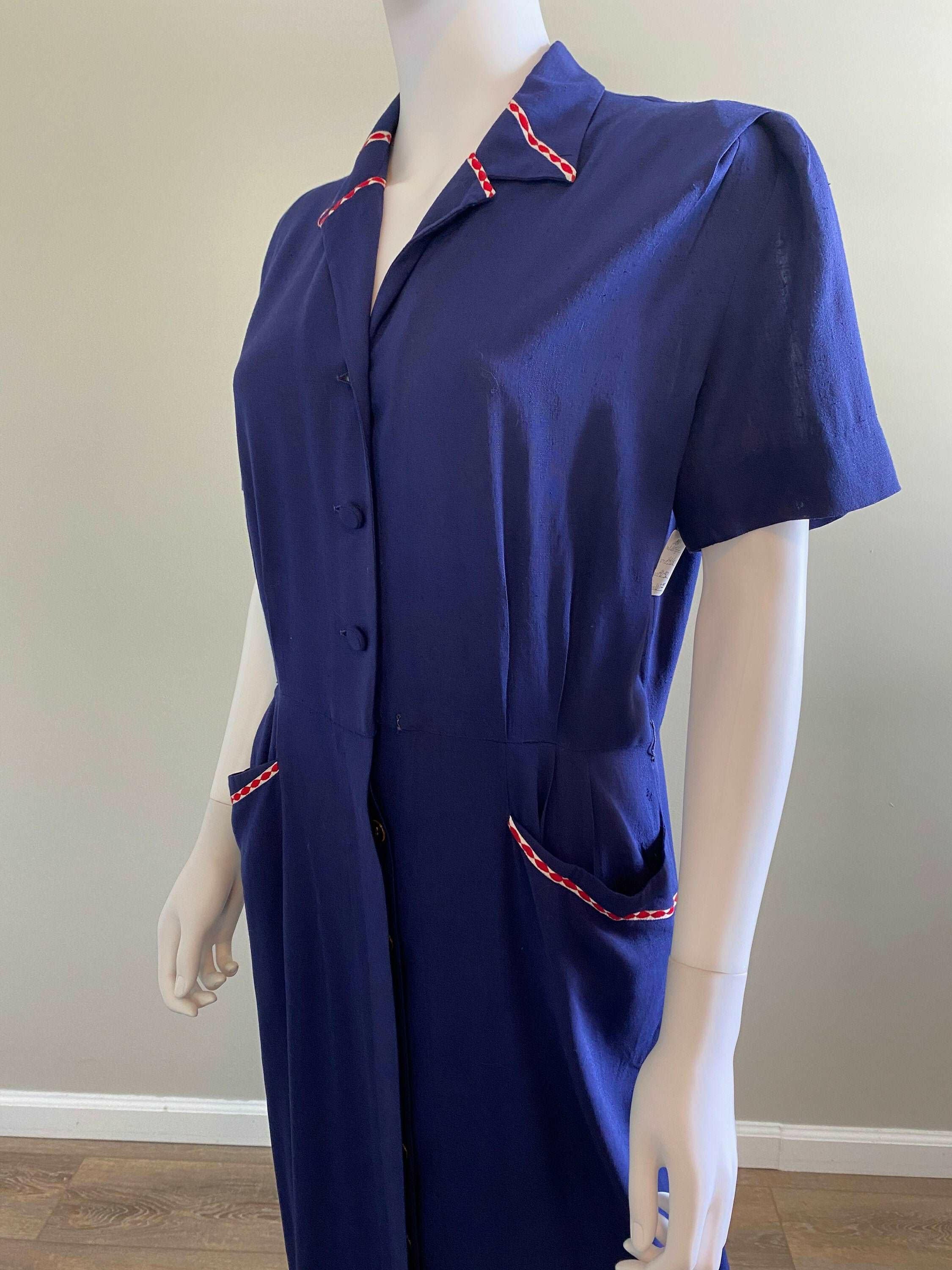 Vintage 1940s Navy Blue Rayon Dress / 40s retro day dress / Size L XL