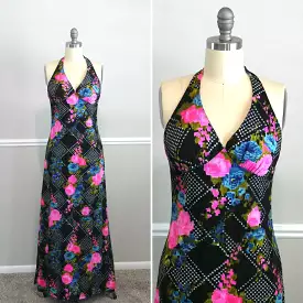 Vintage 1970s Maxi Dress / 70s black boho floral sundress VLV Size S