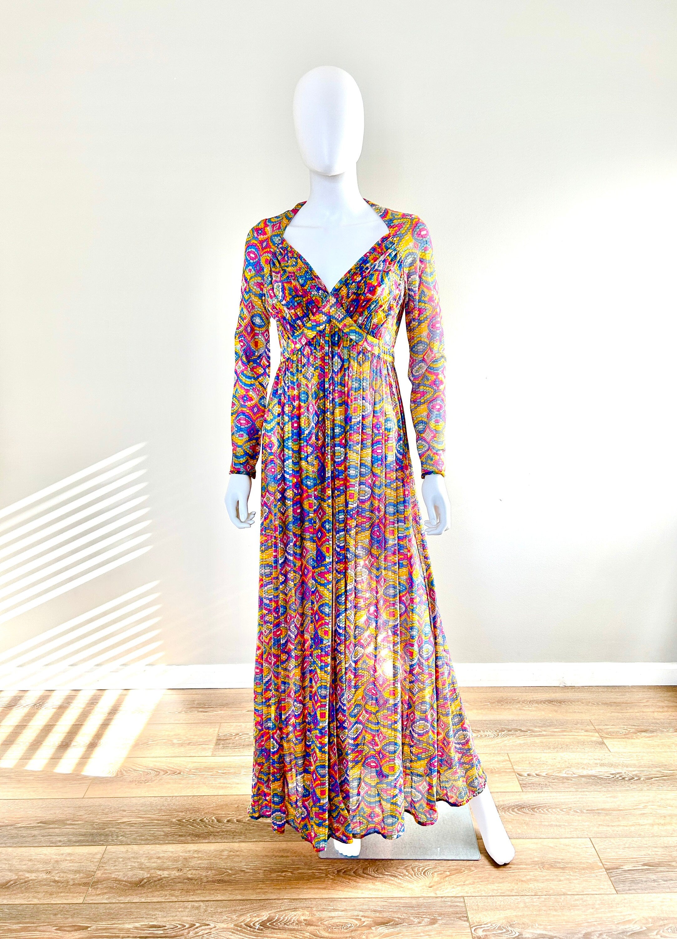 Vintage 1970s Python Print Sheer Maxi Dress / 70s Retro Party Dress / Size S M