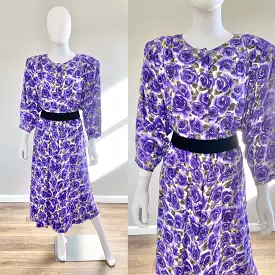 Vintage 1990s Does 1940s Purple Floral Rayon Dress / 90s PLUS SIZED Dress / Size 3XL