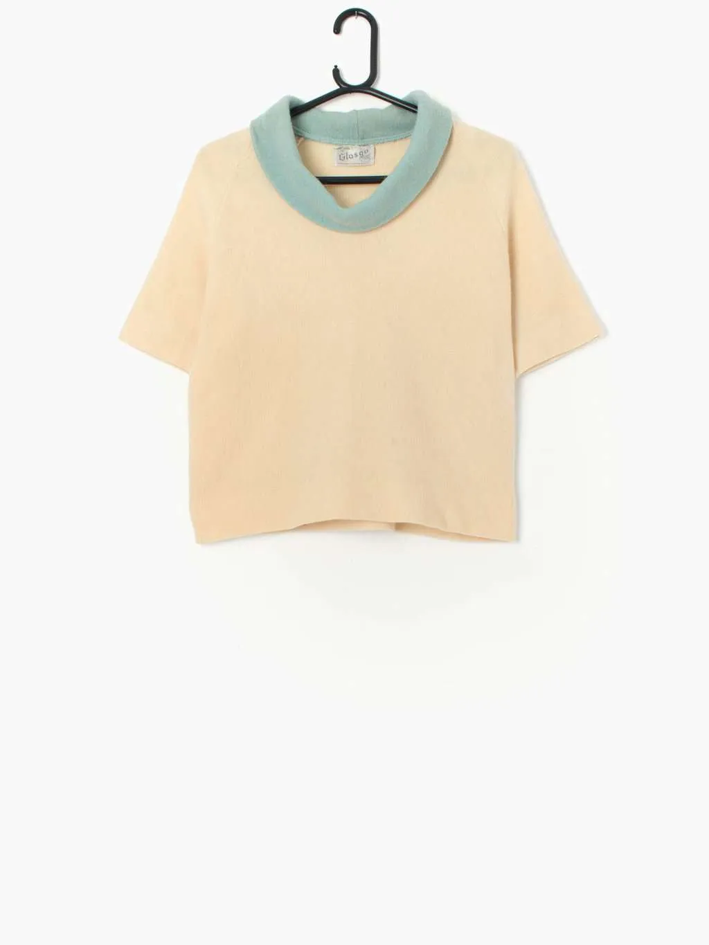 Vintage lambswool short sleeve sweater in pastel yellow and blue – Small / Medium