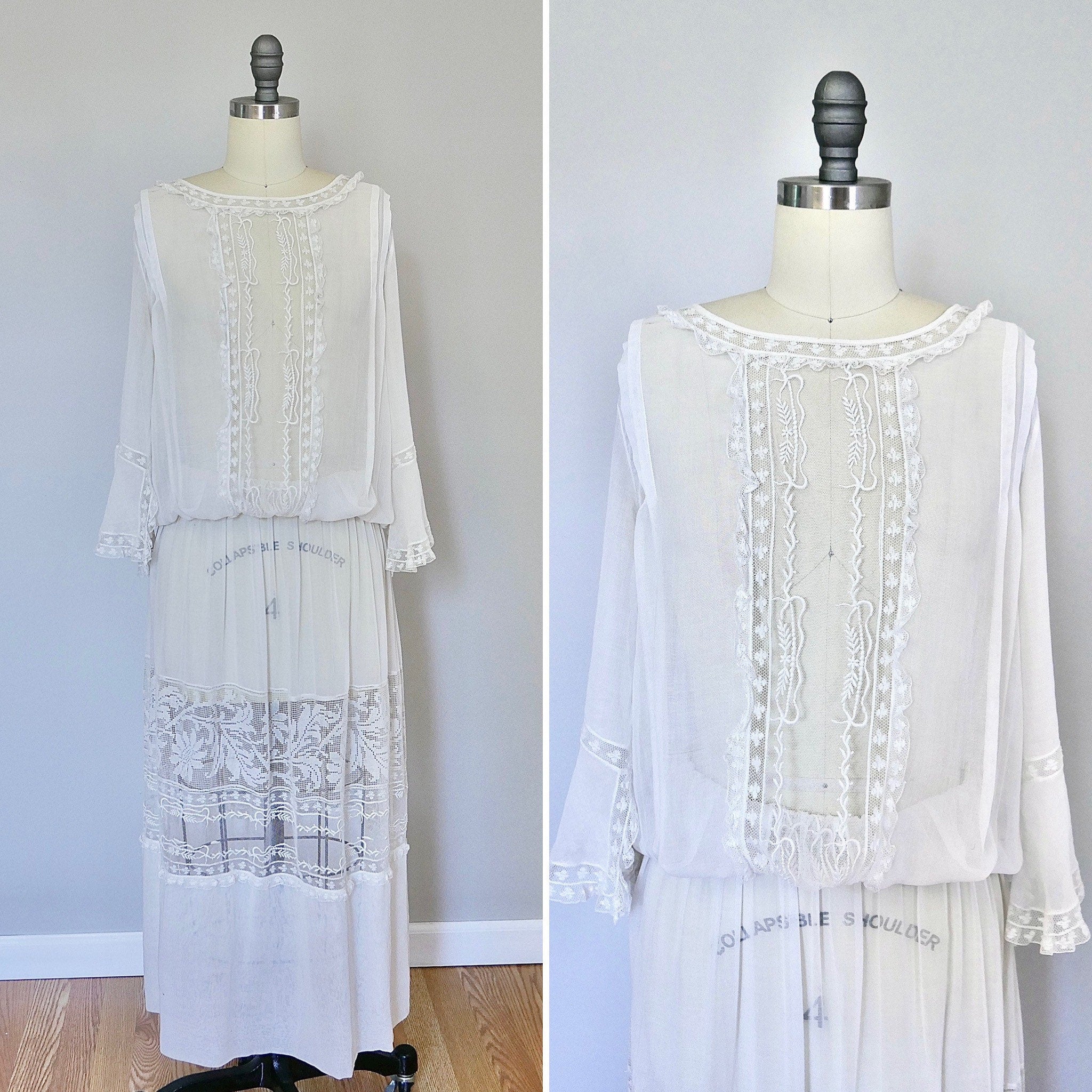 Vintage Late 1910s Sheer Edwardian Dress / WWI era dress Size M L