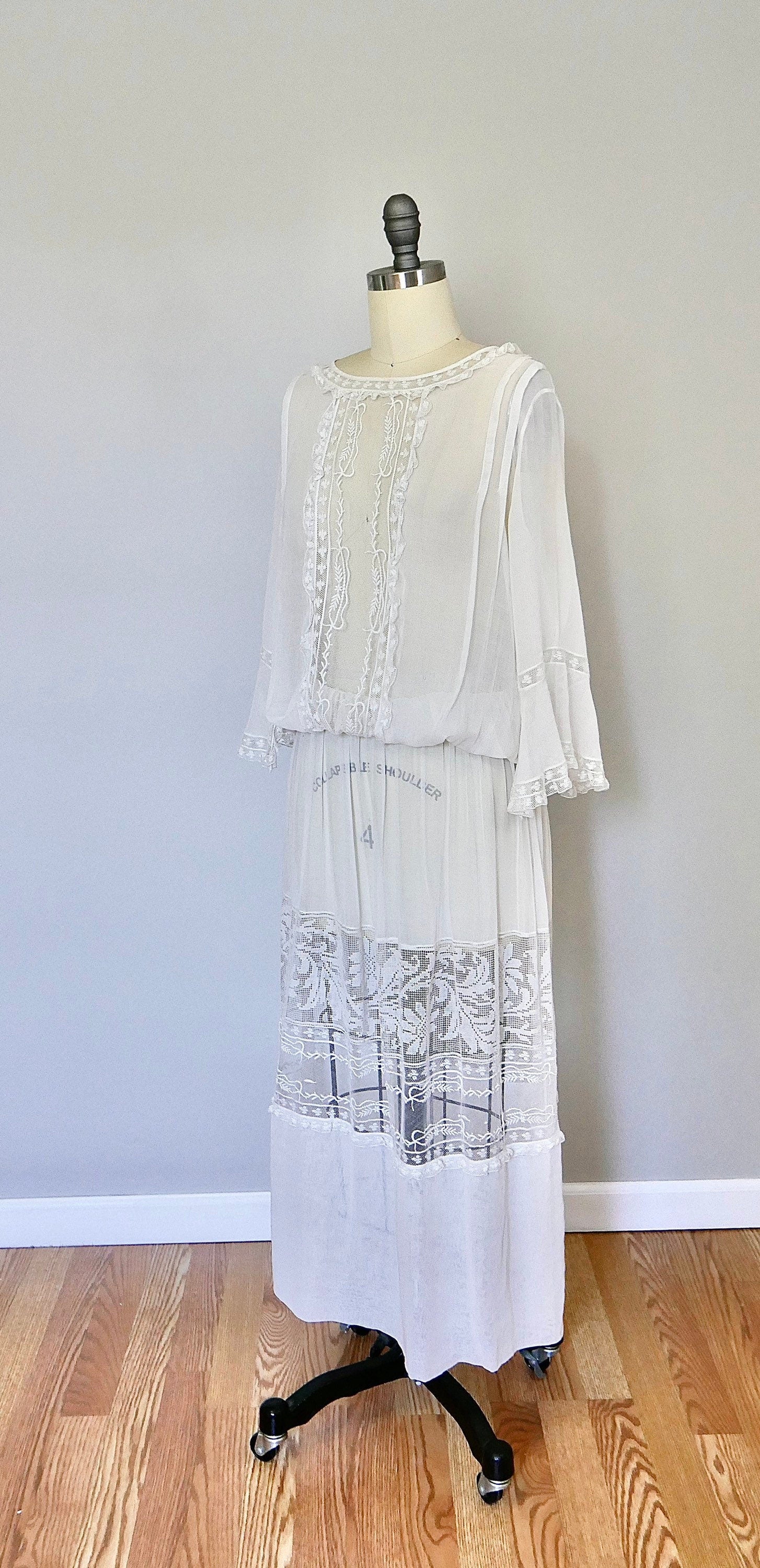 Vintage Late 1910s Sheer Edwardian Dress / WWI era dress Size M L