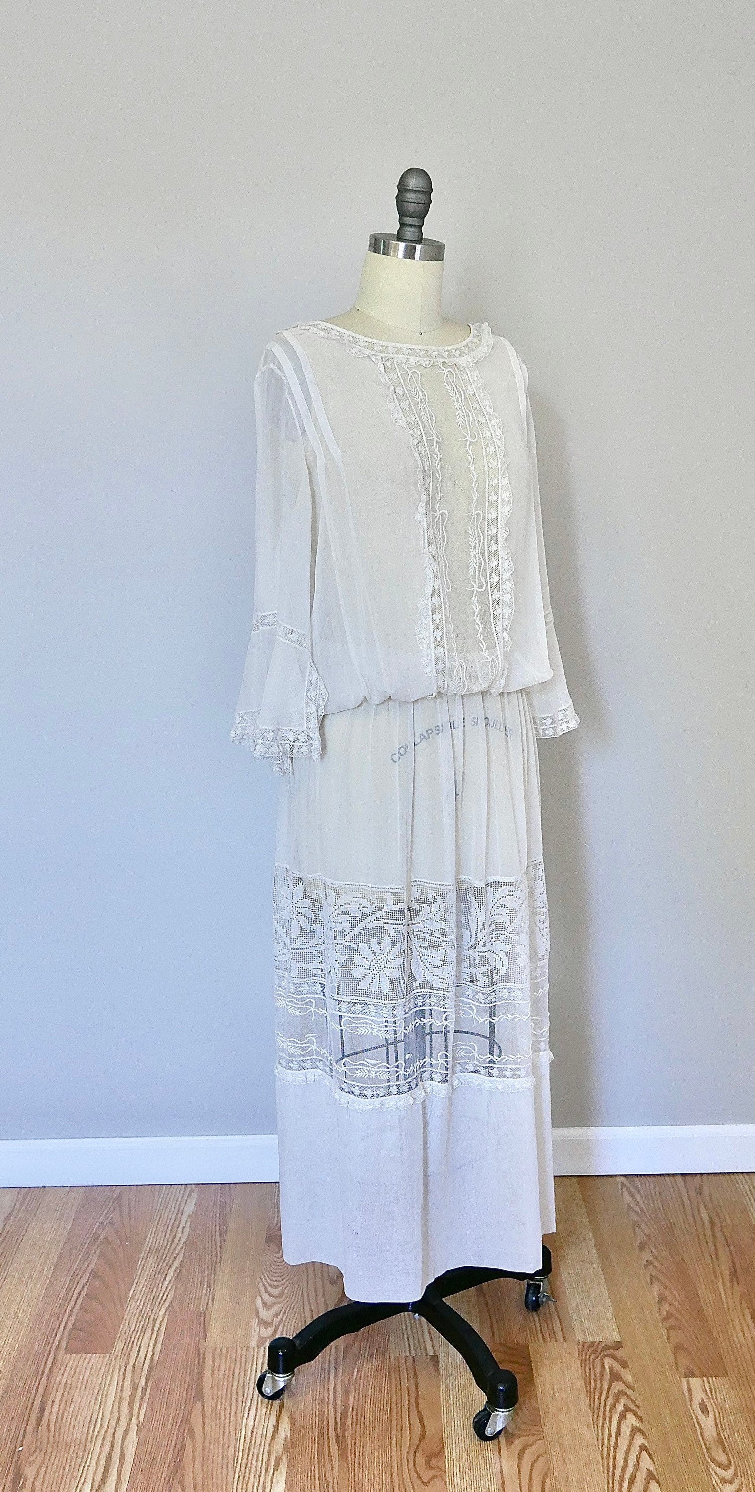 Vintage Late 1910s Sheer Edwardian Dress / WWI era dress Size M L