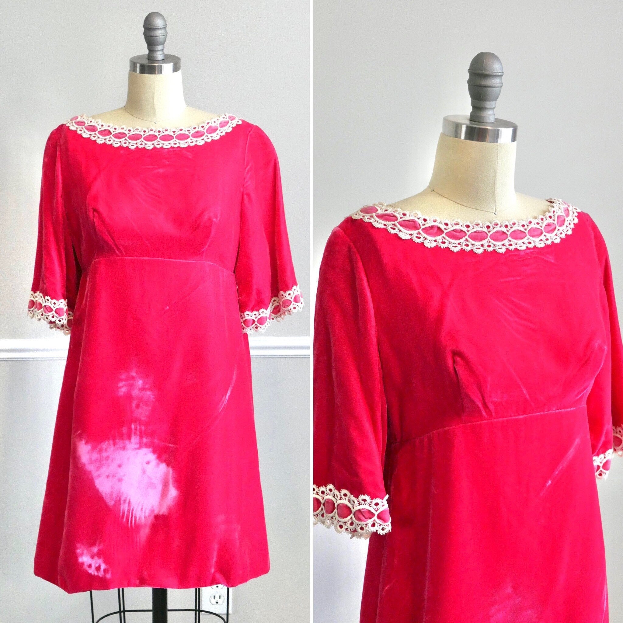 Vintage late 1960s Hot Pink Velvet Mini Dress / retro babydoll empire waist party holiday scooter dress size XS S