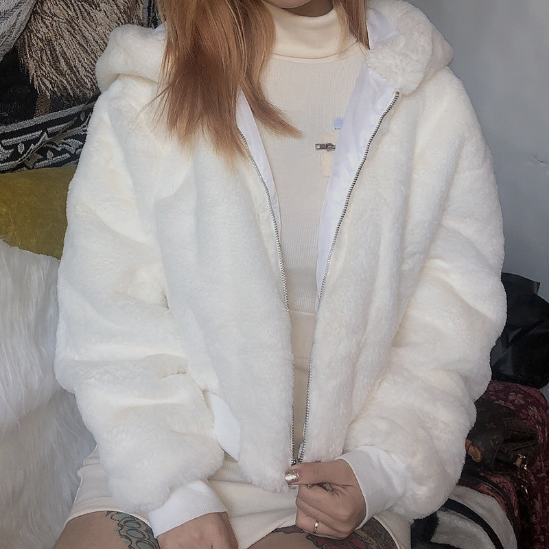 WHITE HOODED PLUSH COAT BY24085